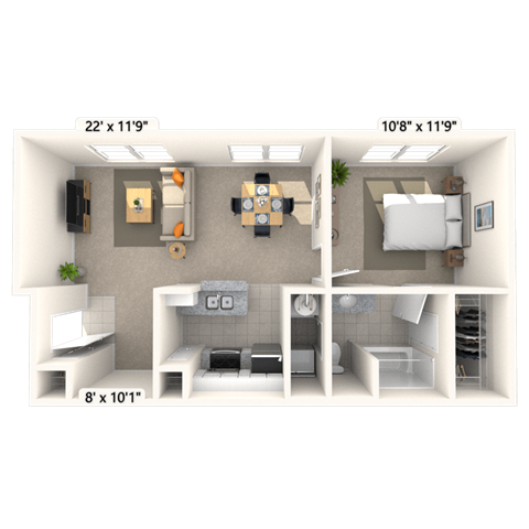 Floor plan for 1 bed, 1 bath, 698 sqft